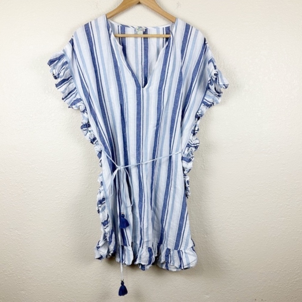 J.Crew‎ Blue And White Striped Ruffle Trim V-neck Tunic Coverup Size S Women